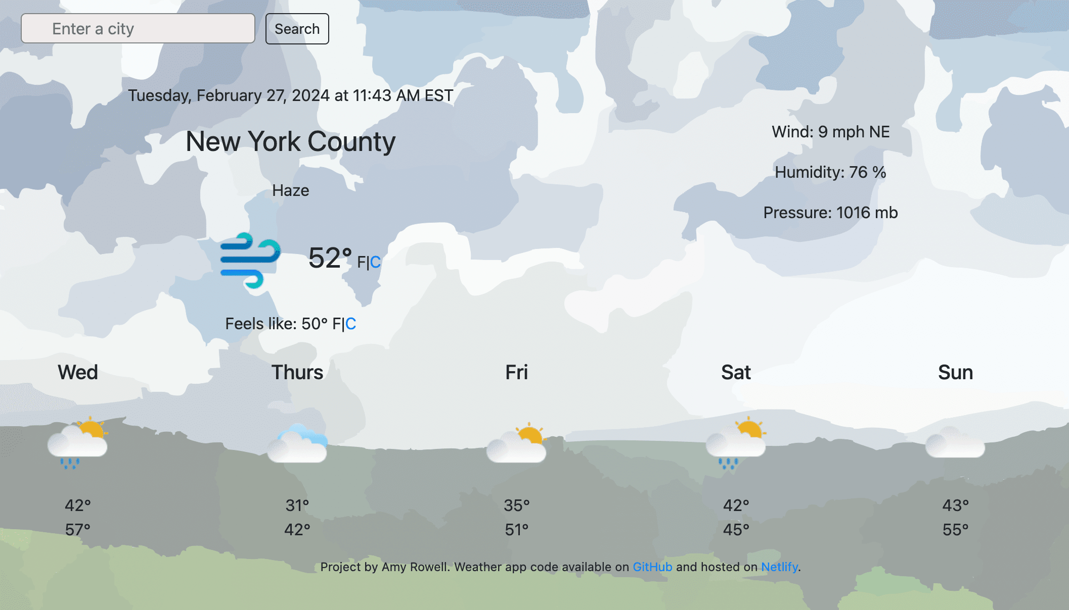 screenshot of weather app using React